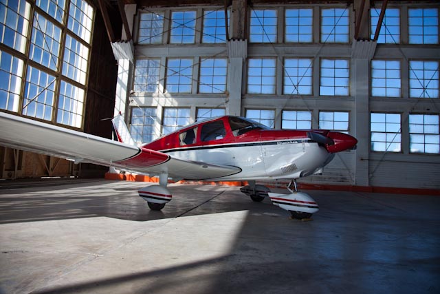 A Cherokee 180 in the hangar after an aircraft emergency