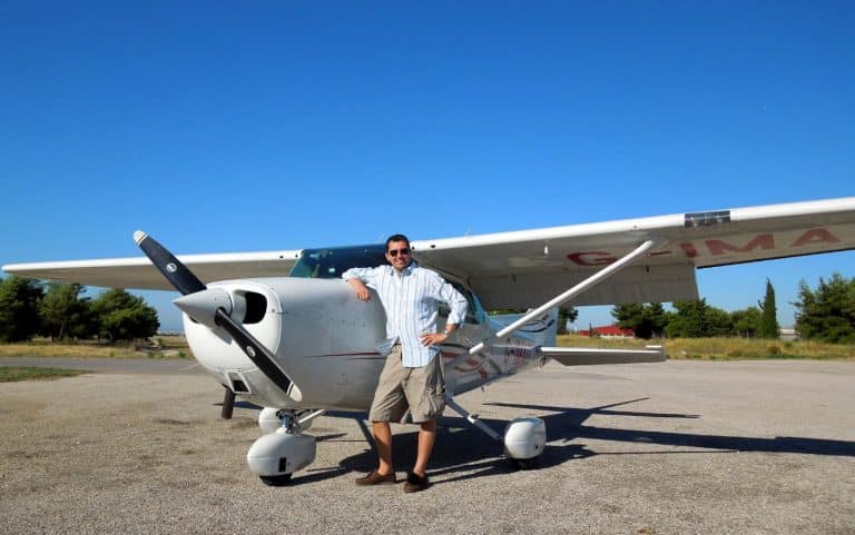 A man preparing to fly a Cessna 172 to Paros in the Aegean Sea.