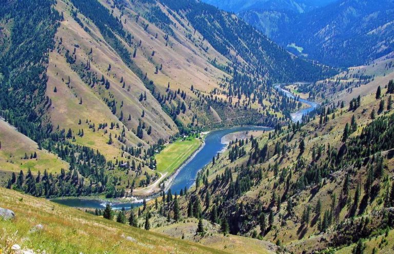 The Mackay Bar airstrip in Idaho viewed from a high mountain trail.