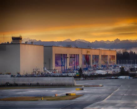 The doors to the Boeing factory at Paine Field, where you can take the Boeing Factory Tour