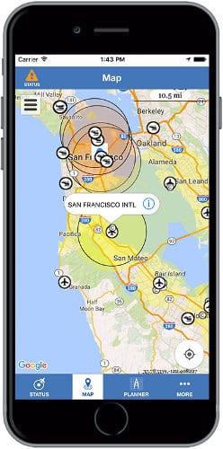 Screenshot of the B4Ufly app, for helping unmanned aerial systems and the UAS Operator avoid collisions with aircraft