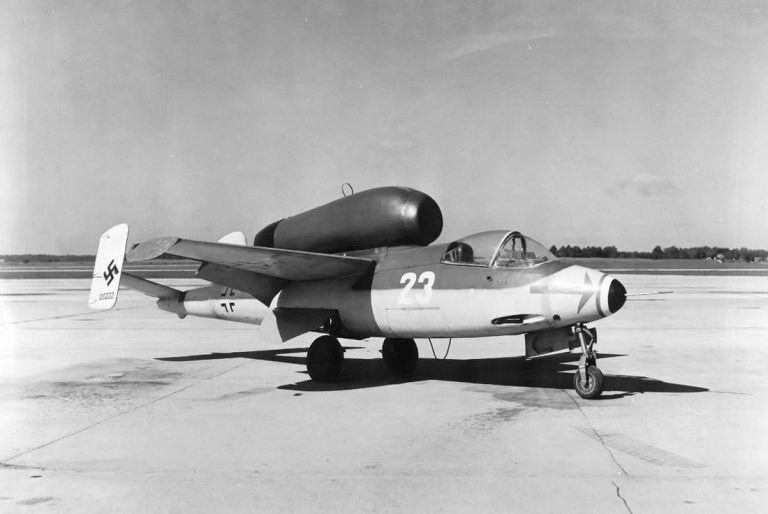 The Heinkel He 162 Volksjager, on a runway.